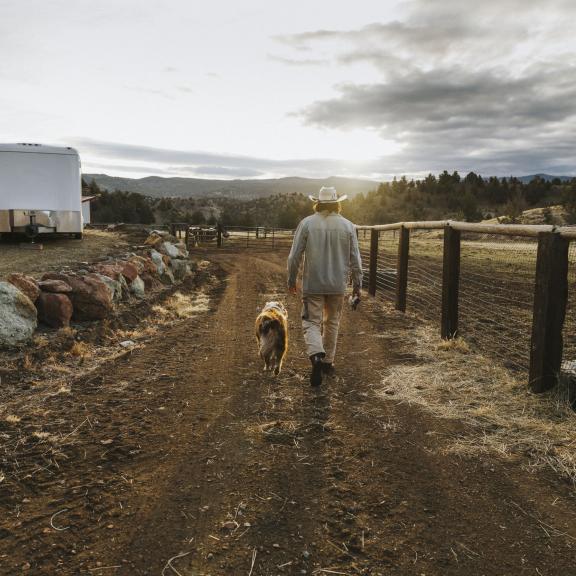 A dog walks with a cowboy on a dirt road