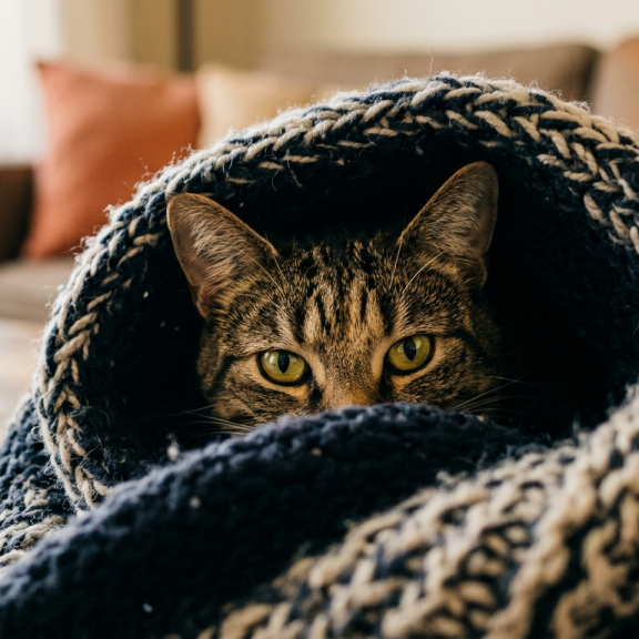 Adult tabby cat hiding under a cozy blanket with watchful eyes