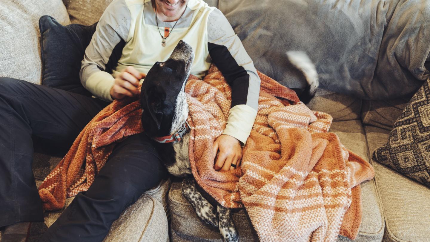 a dog cuddles with its owner on a sofa