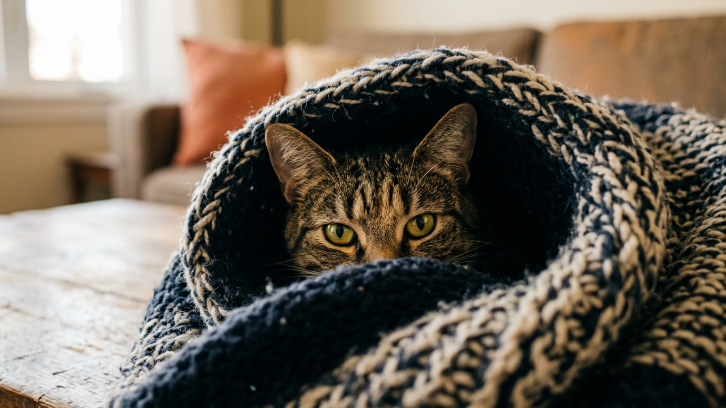 Adult tabby cat hiding under a cozy blanket with watchful eyes